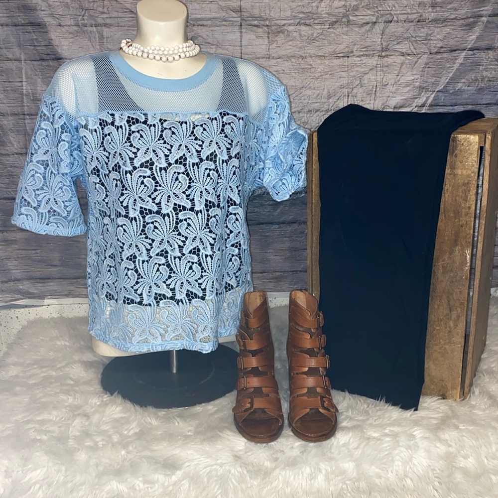 Ann Taylor Loft blue crochet & mesh top NWT